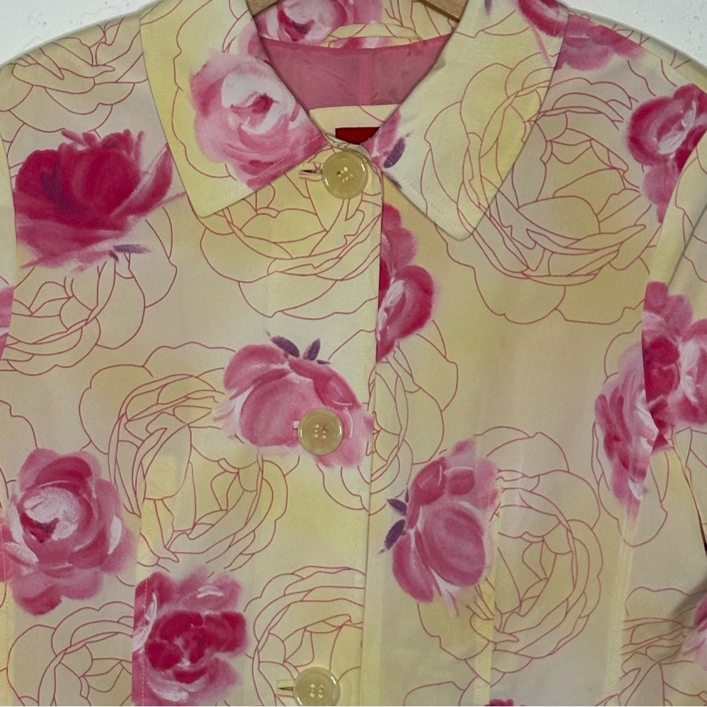 Esprit Womens‎ Large Trench Coat Yellow Pink Floral Button Pocket Vent Lined Y2K
